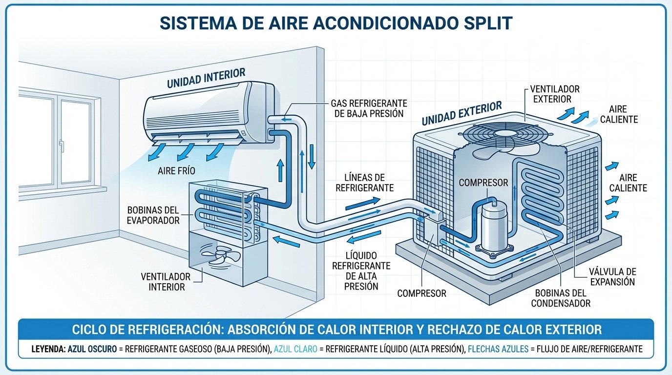 Diagrama técnico de componentes principales de un sistema de aire acondicionado split
