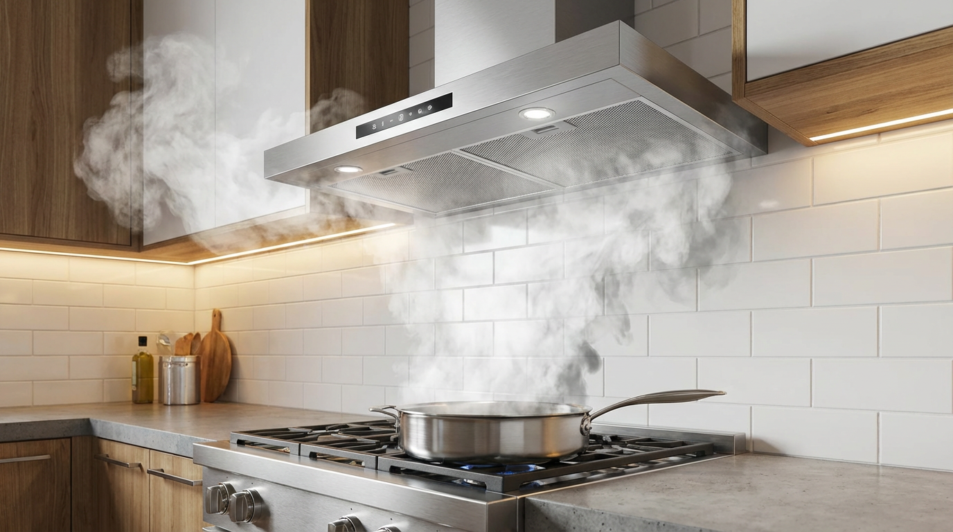 Campana extractora de acero inoxidable en cocina moderna intentando absorber humo y vapor de una sartén en la cocina