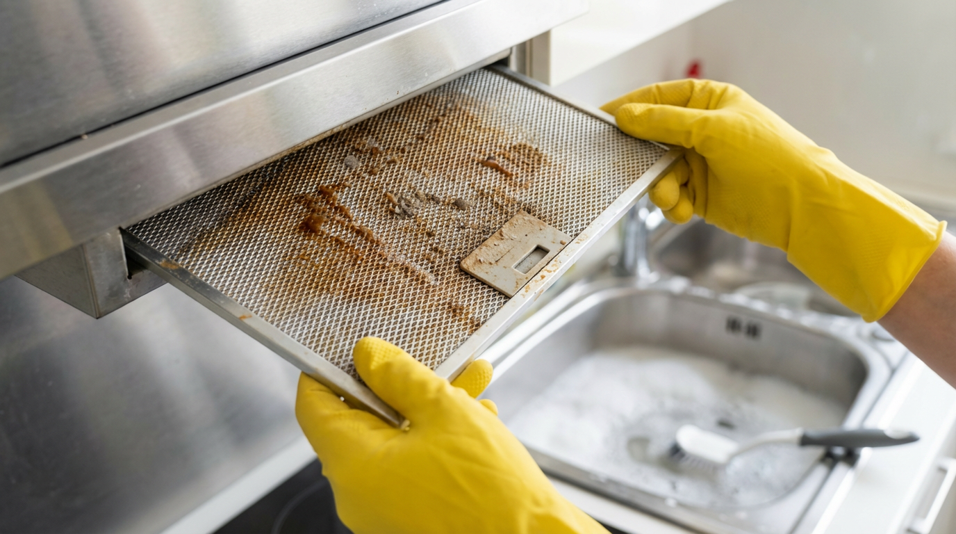 Persona con guantes limpiando filtros metálicos sucios de campana extractora cubiertos de grasa