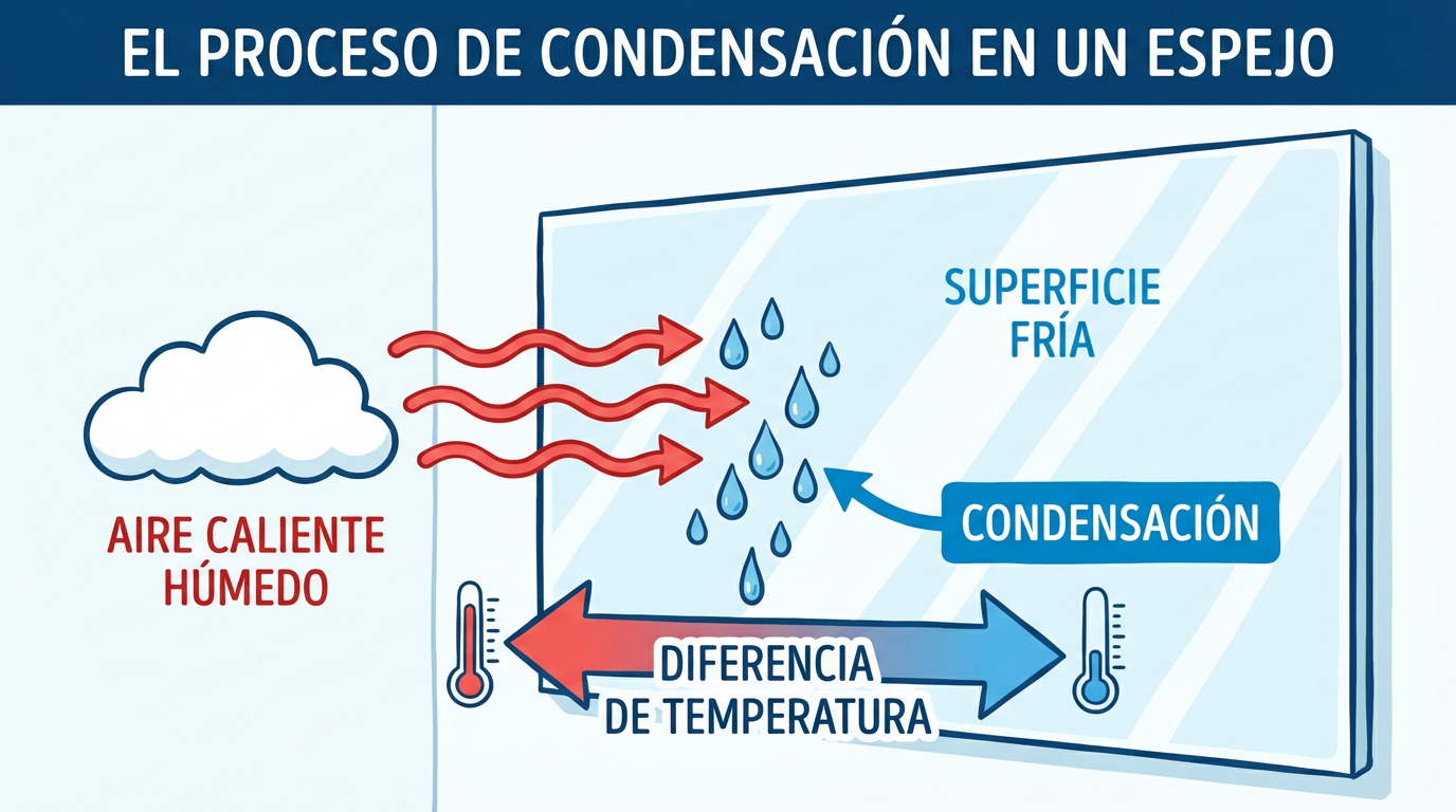 Diagrama educativo mostrando proceso de condensación en espejo: aire caliente húmedo, superficie fría, gotas de agua formándose