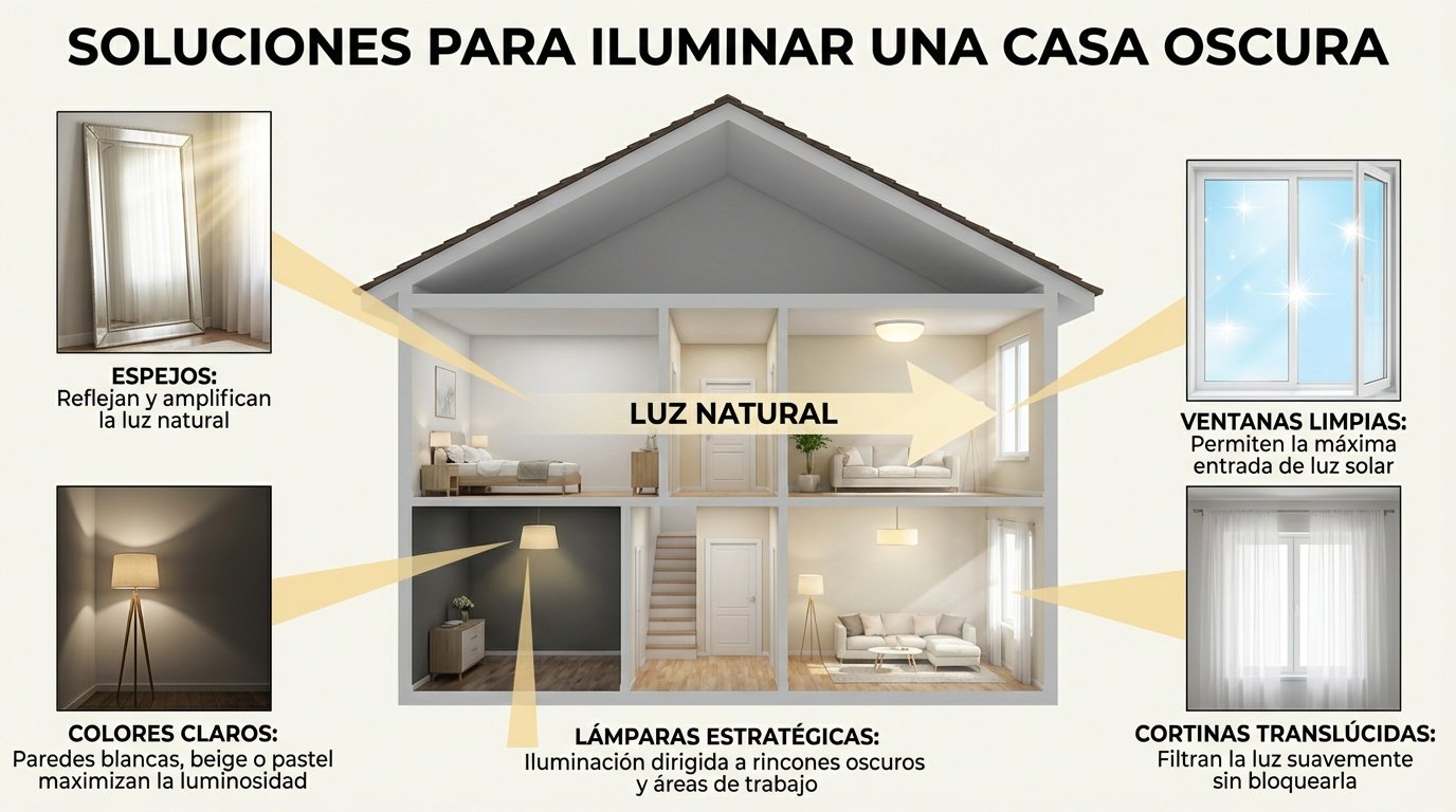 Diagrama educativo con soluciones para iluminar una casa oscura: espejos, colores claros, ventanas limpias, iluminación estratégica