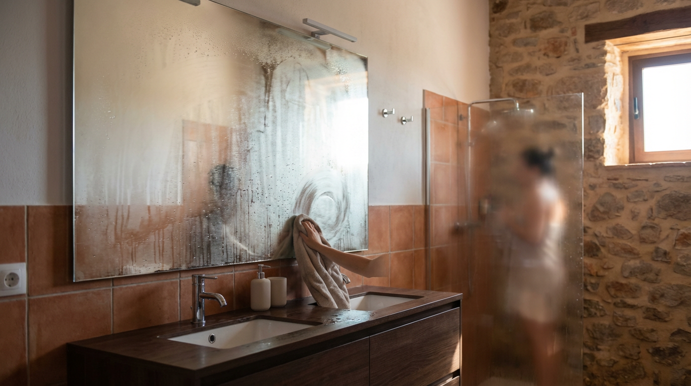 Espejo de baño completamente empañado con condensación después de ducha, persona limpiándolo con frustración