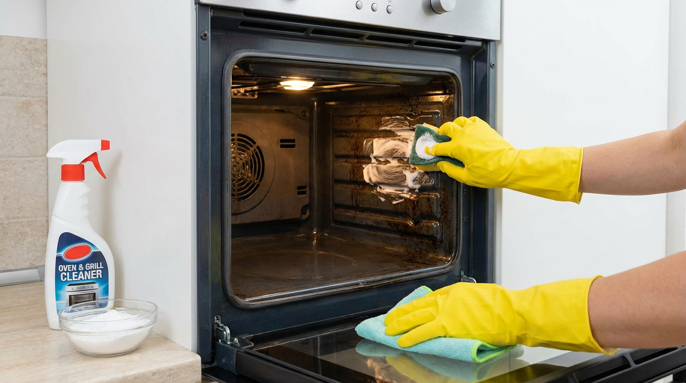 Manos con guantes limpiando el interior de un horno con productos de limpieza y bicarbonato